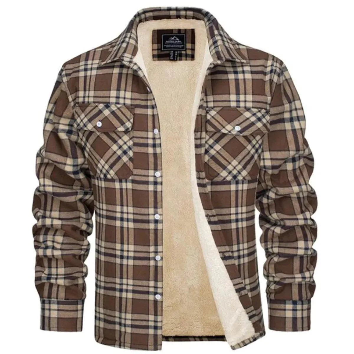 Front view of black and white checked flannel shirt jacket open to reveal the cream sherpa fleece lining