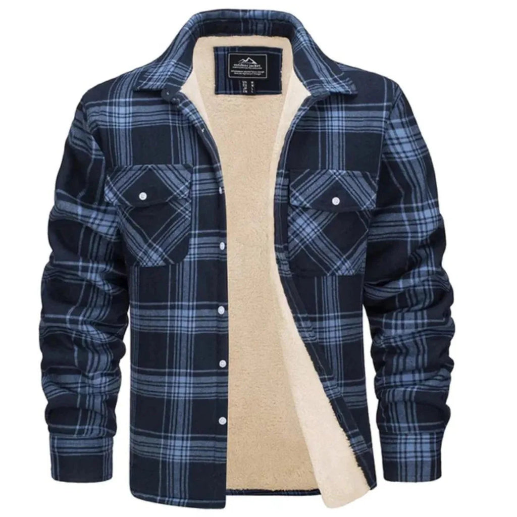 Front view of brown and beige checked flannel shirt jacket open to show the cream sherpa fleece lining