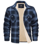 Front view of brown and beige checked flannel shirt jacket open to show the cream sherpa fleece lining