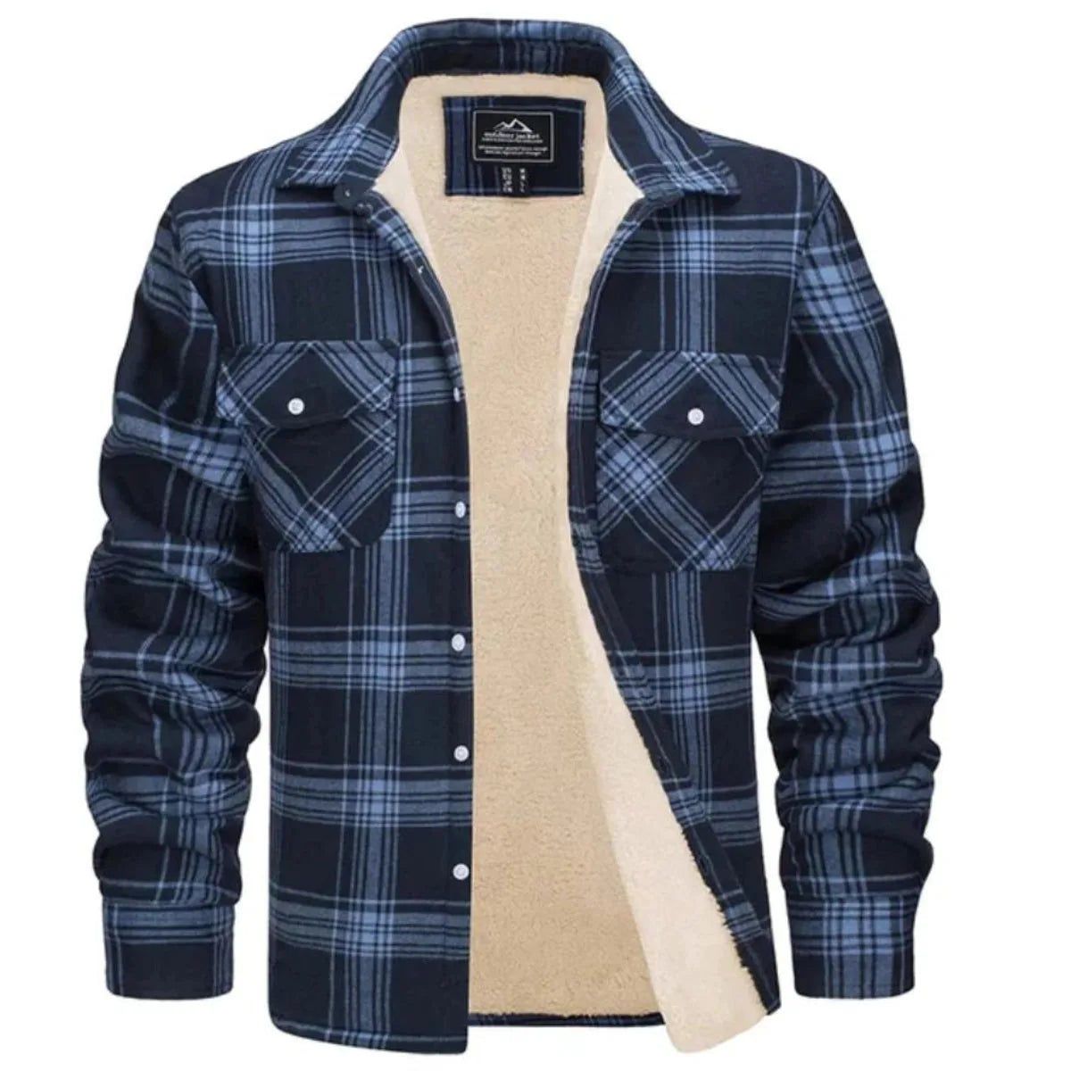 Front view of brown and beige checked flannel shirt jacket open to show the cream sherpa fleece lining