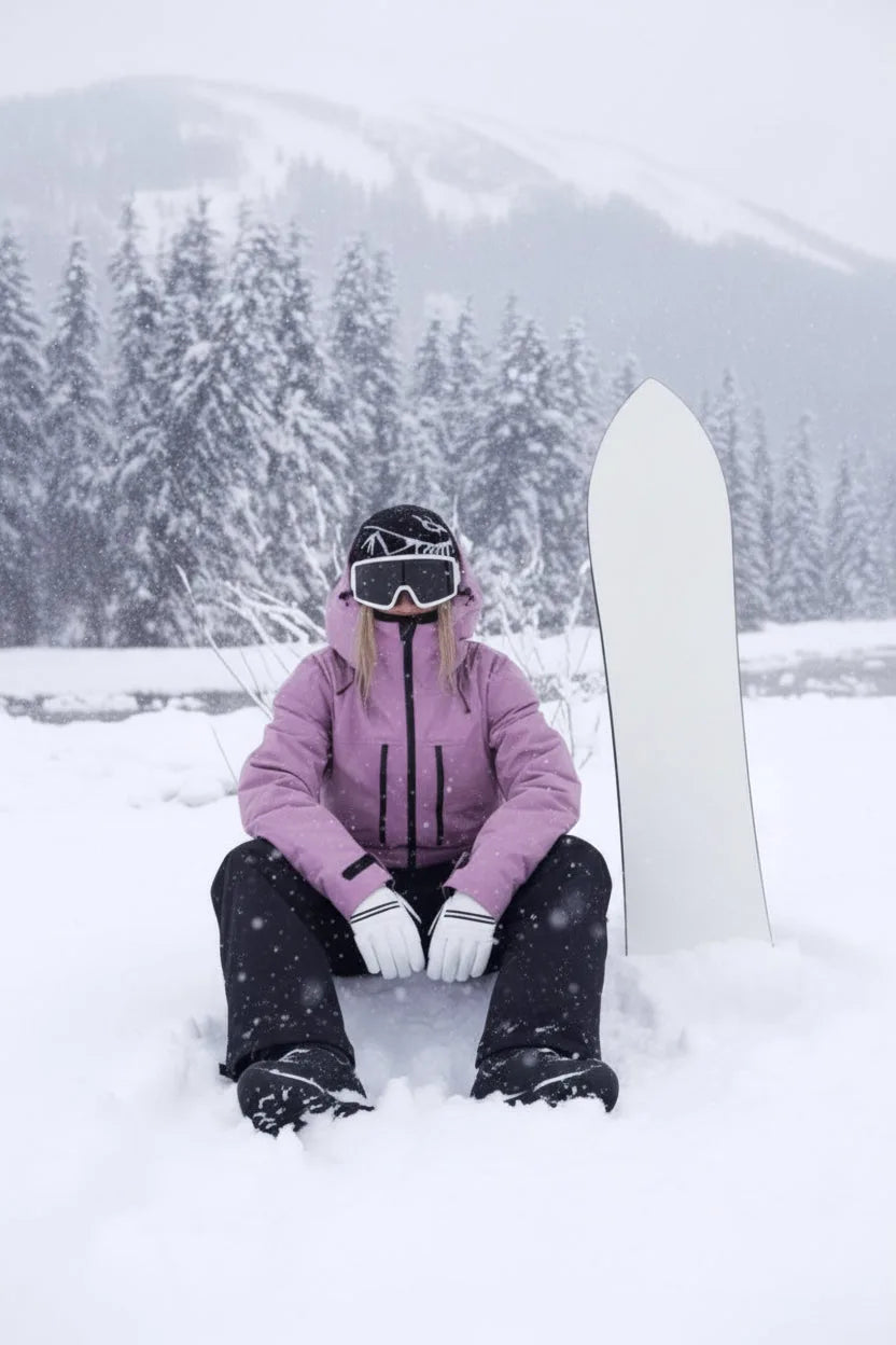 Side view of the same dusky pink hooded ski jacket paired with black salopettes, seated in snowfall