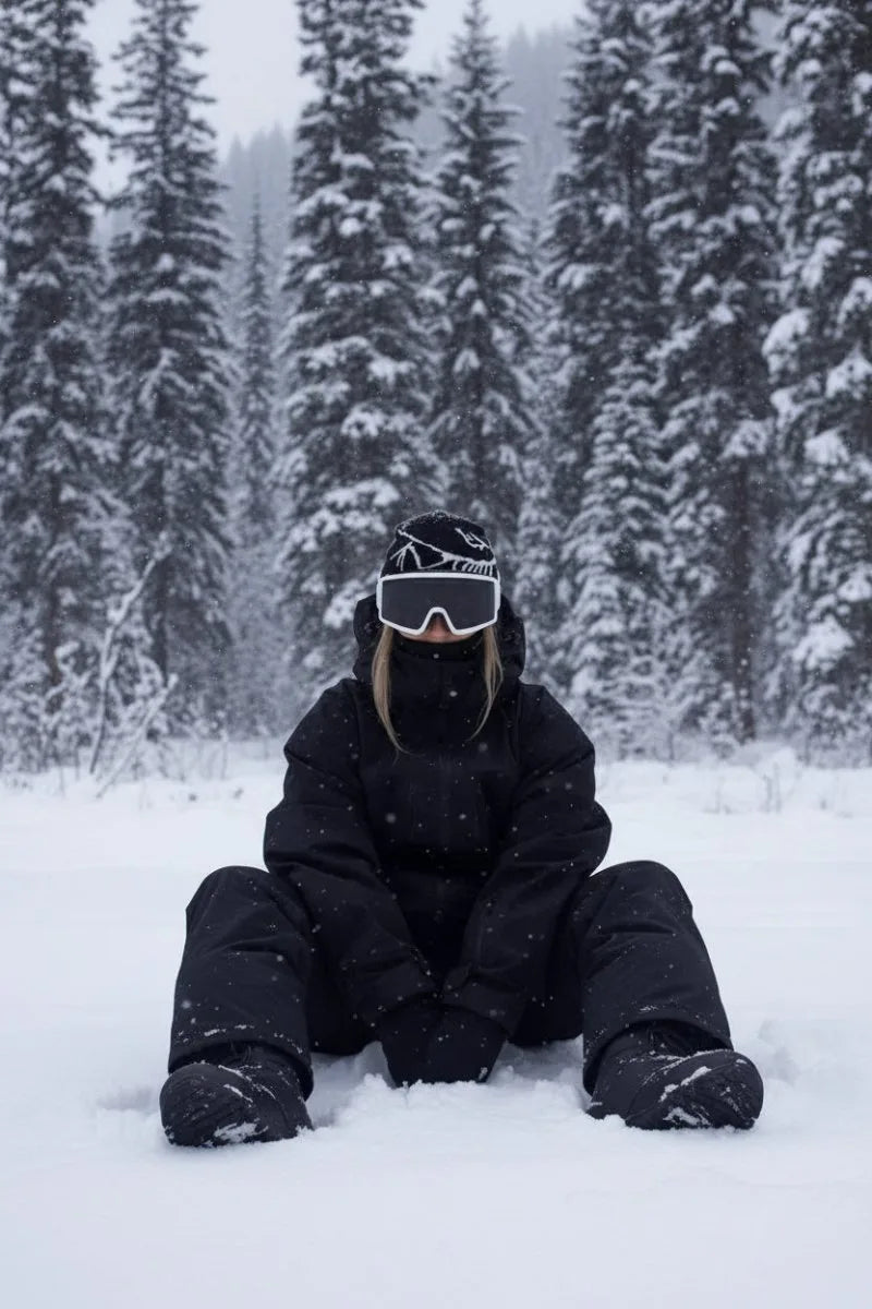Head-to-toe all black snowsuit with hood, goggles and matching beanie, seated in falling snow