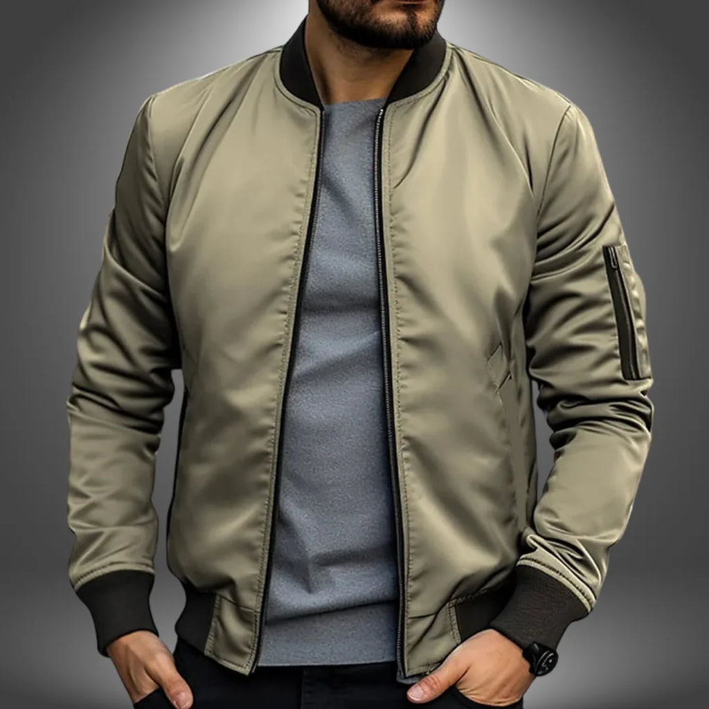 Army green bomber jacket with contrast dark ribbing and a zipped sleeve pocket, open front view