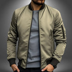 Army green bomber jacket with contrast dark ribbing and a zipped sleeve pocket, open front view