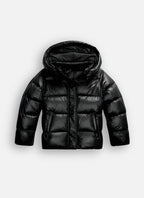 Black glossy puffer jacket with full hood, quilted panels and zip front, shown flat on a plain background