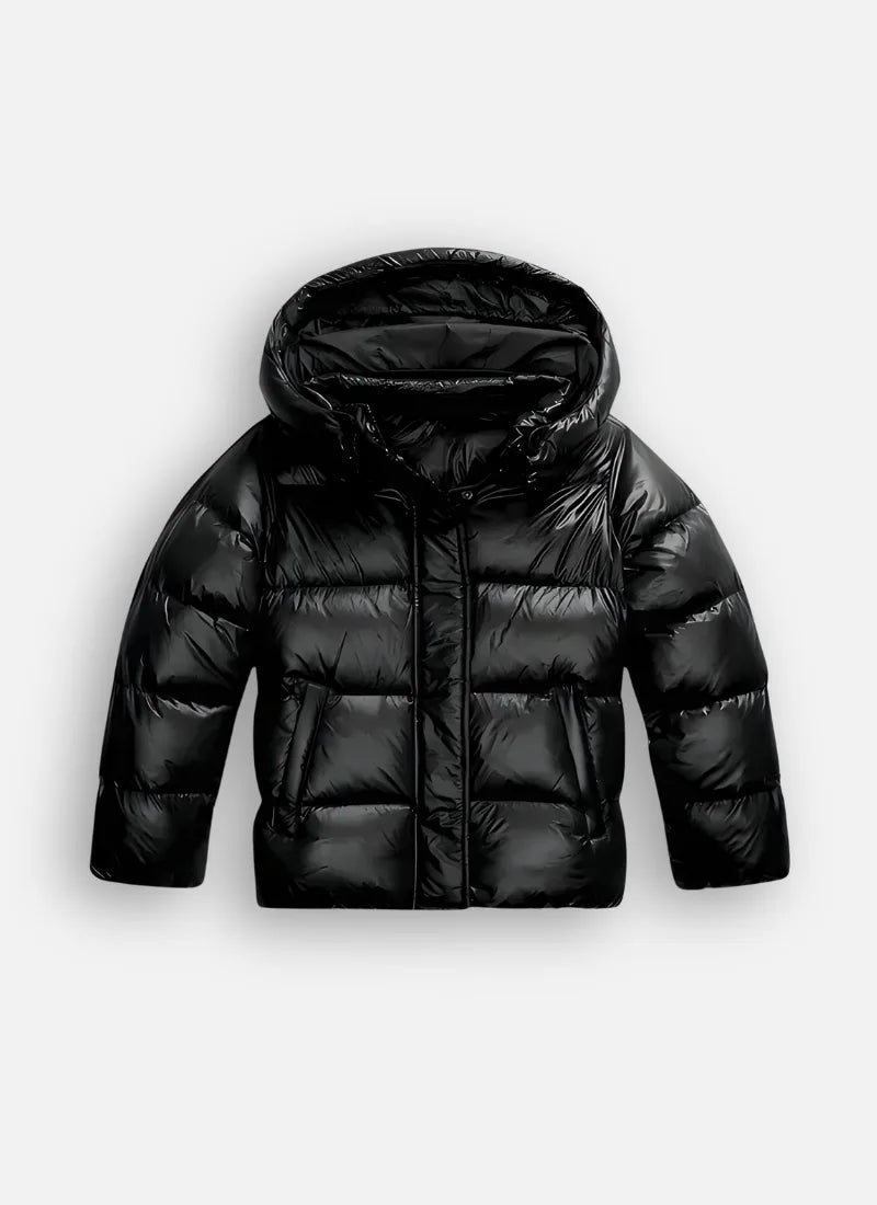 Black glossy puffer jacket with full hood, quilted panels and zip front, shown flat on a plain background