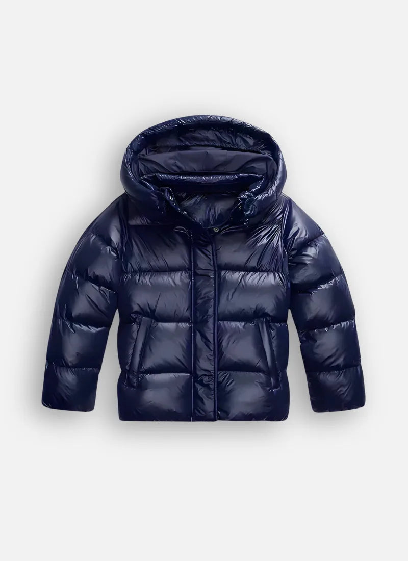 Navy blue glossy puffer jacket with hood, quilted panels and zip fastening, shown flat from the front
