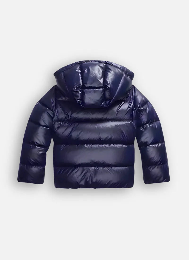 Back view of the navy blue glossy puffer jacket showing the hood, quilted panels and boxy silhouette