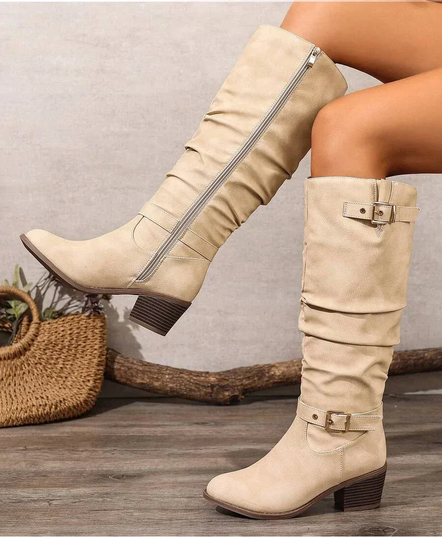 Slouched Knee High Boots with Double Buckle for Women image 11