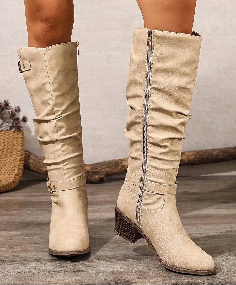 Slouched Knee High Boots with Double Buckle for Women image 12