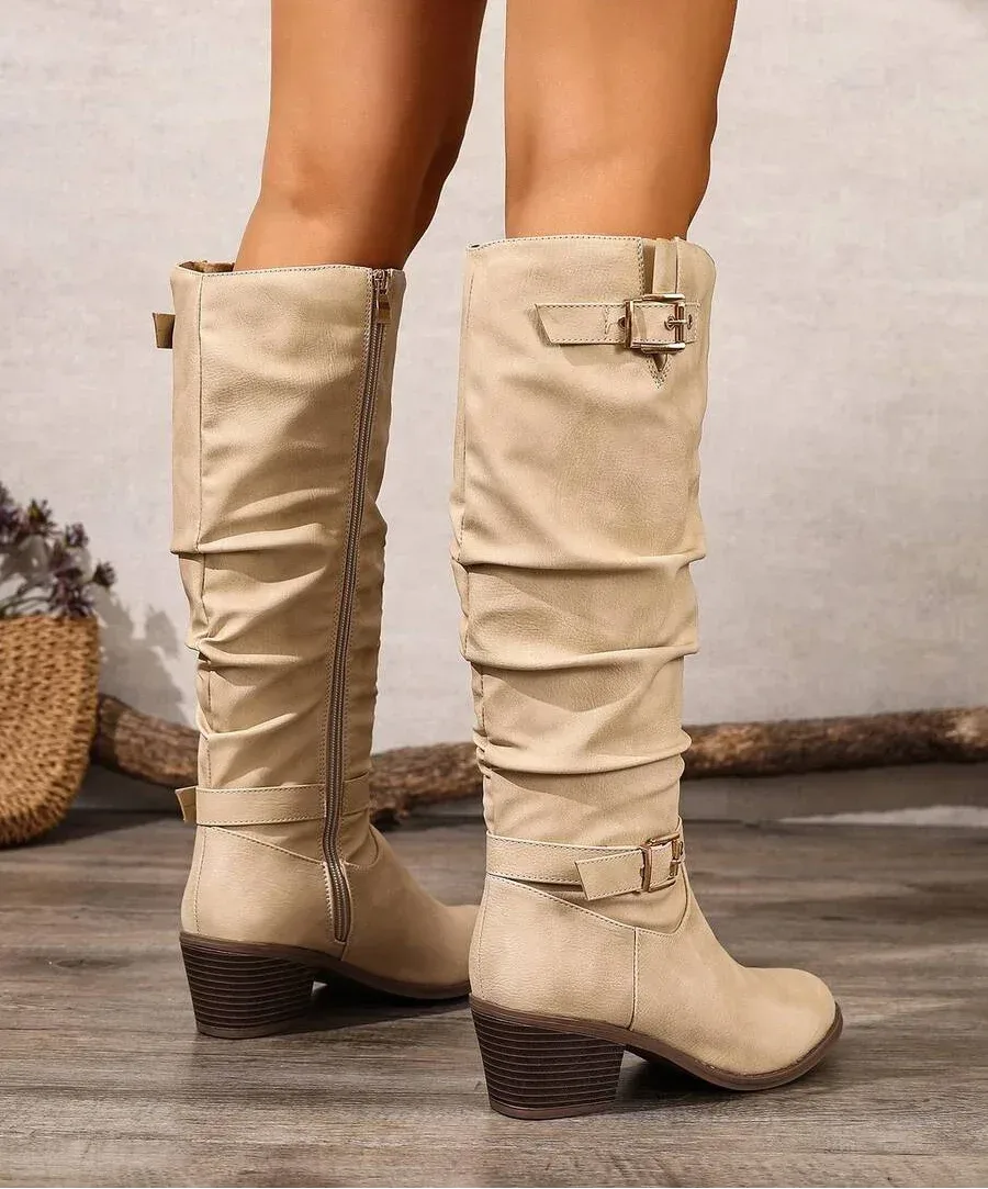 Slouched Knee High Boots with Double Buckle for Women image 13