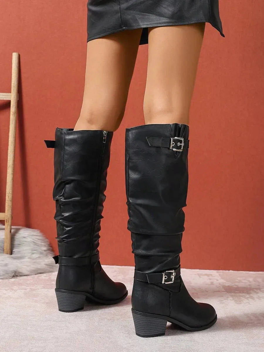 Slouched Knee High Boots with Double Buckle for Women image 9