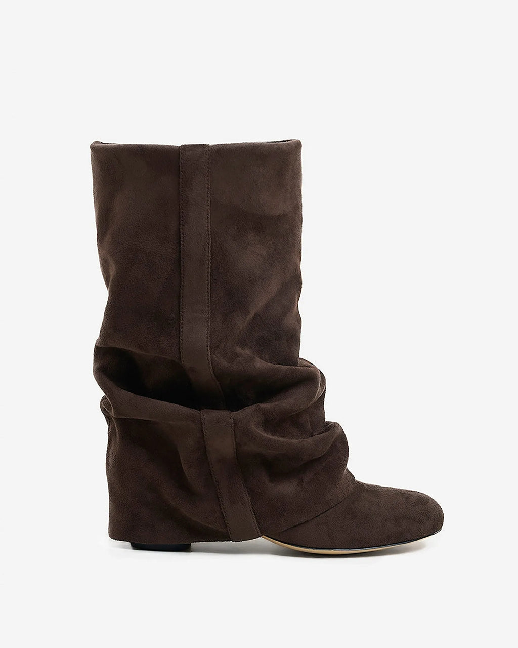 Side view of a dark chocolate suede slouchy knee-high boot with rounded toe and hidden wedge heel