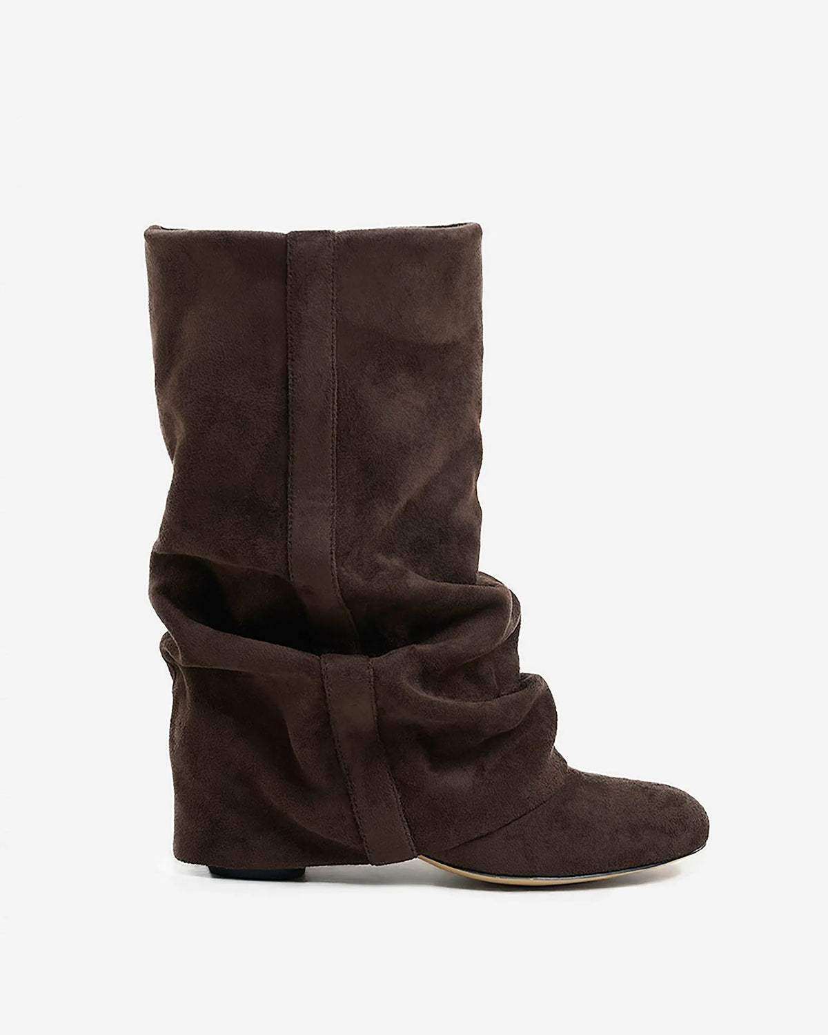 Side view of a dark chocolate suede slouchy knee-high boot with rounded toe and hidden wedge heel