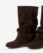 Close-up angled view of the toe and ruched ankle fold on a pair of dark chocolate suede slouchy boots