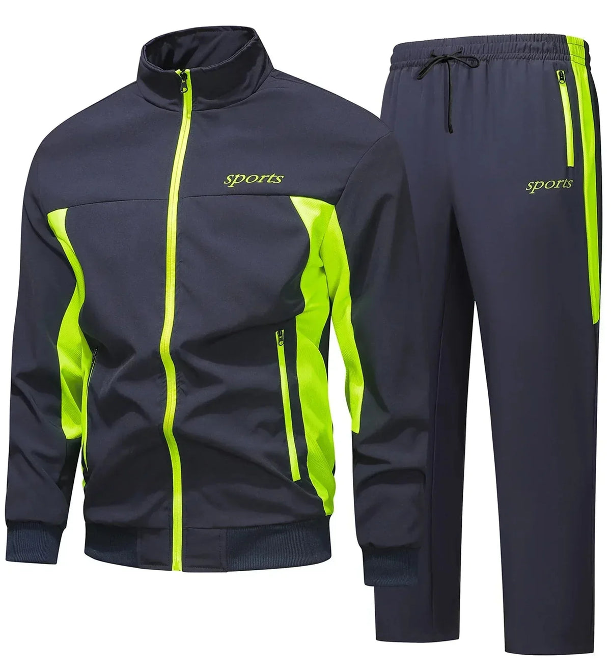 Navy blue and neon green men's tracksuit jacket and joggers, front view with stand collar and full-length zip
