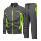 Dark grey and neon green matching tracksuit set with zip pockets, front view showing jacket and trousers together