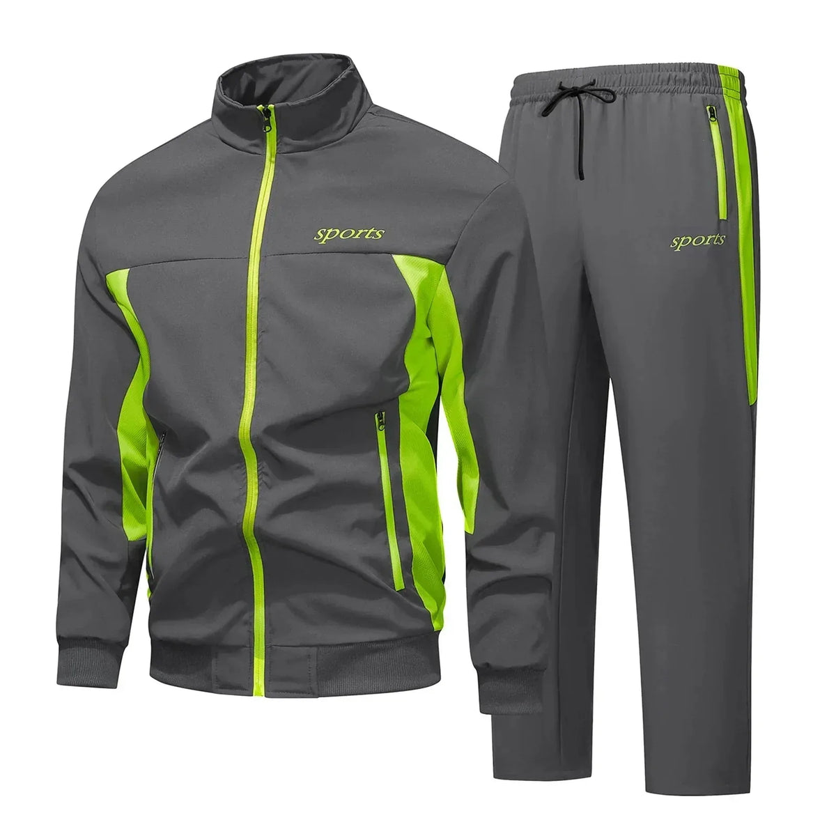 Dark grey and neon green matching tracksuit set with zip pockets, front view showing jacket and trousers together
