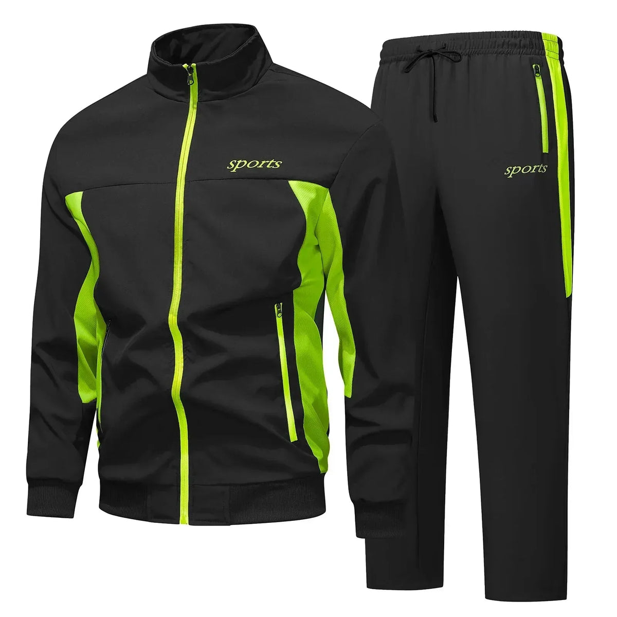 Black and neon green two-piece tracksuit with stand collar, zip pockets and drawcord waist trousers