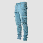 Side view of light blue stretch denim cargo jeans with a large flap cargo pocket on the thigh and distressed detailing.