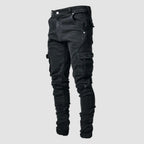 Black denim cargo jeans with a slim tapered fit and side thigh pocket, shown against a plain background.