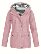 Pink hooded rain jacket, fully zipped, with black and white striped lining visible at the hood