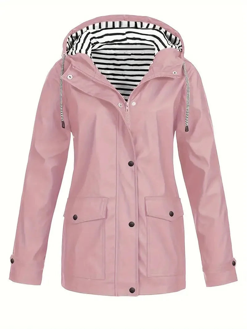 Pink hooded rain jacket, fully zipped, with black and white striped lining visible at the hood