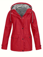 Bright red hooded rain jacket with striped lining and adjustable drawcord at the hood