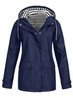Navy blue rain jacket with hood down, showing striped inner lining and zip-through front