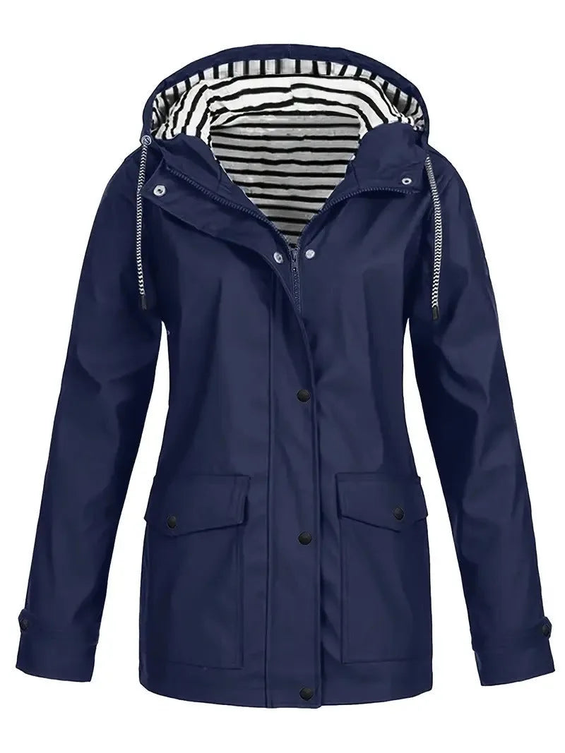Navy blue rain jacket with hood down, showing striped inner lining and zip-through front