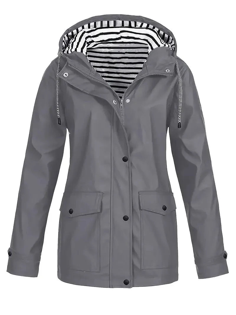 Grey hooded rain jacket, front facing, showing long sleeves and buttoned cuffs