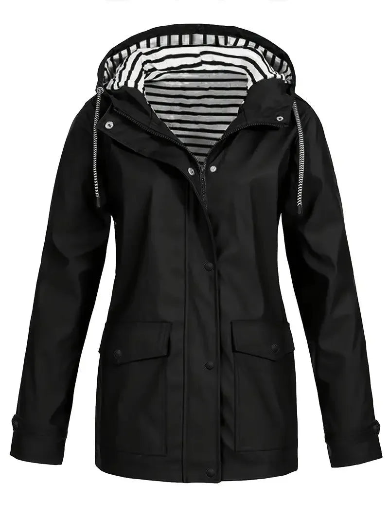 Black rain jacket with hood, showing zip and snap closure and two patch pockets with flaps