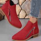 Red suede ankle boots worn against a stone wall backdrop, showing side zipper and tan block heel
