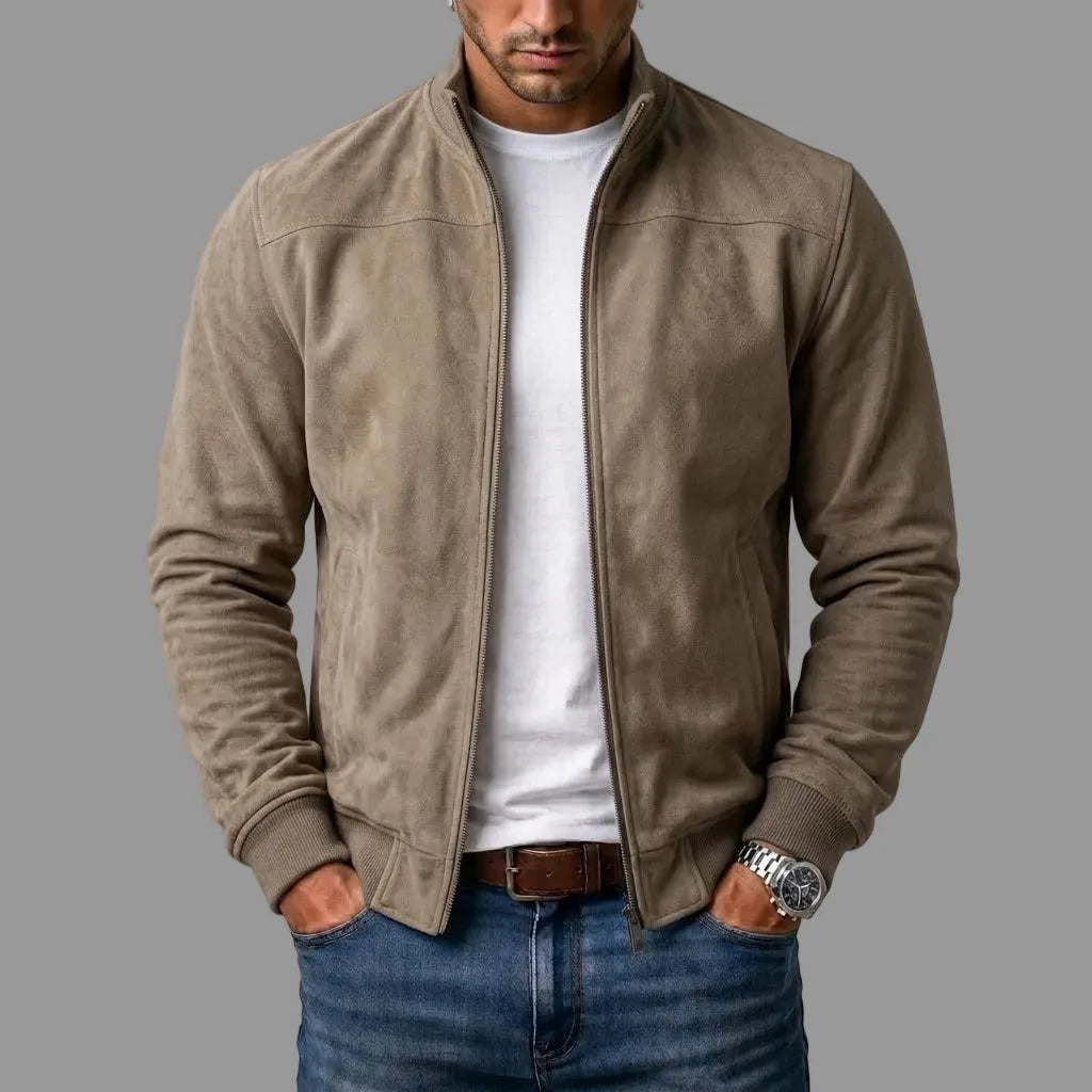 Front view of the khaki suede jacket unzipped, showing ribbed cuffs and hem detail