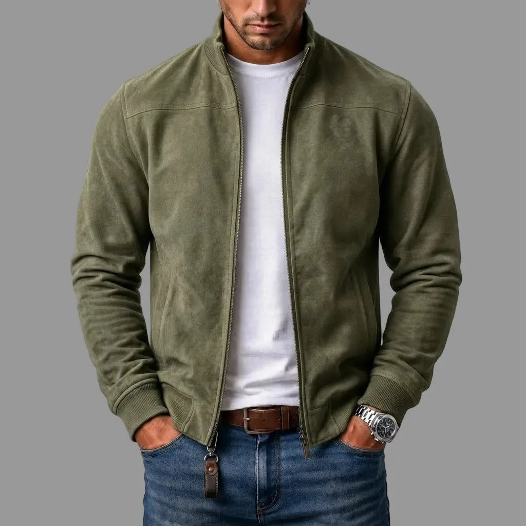 Olive green suede bomber jacket open at the front, highlighting the ribbed stand collar