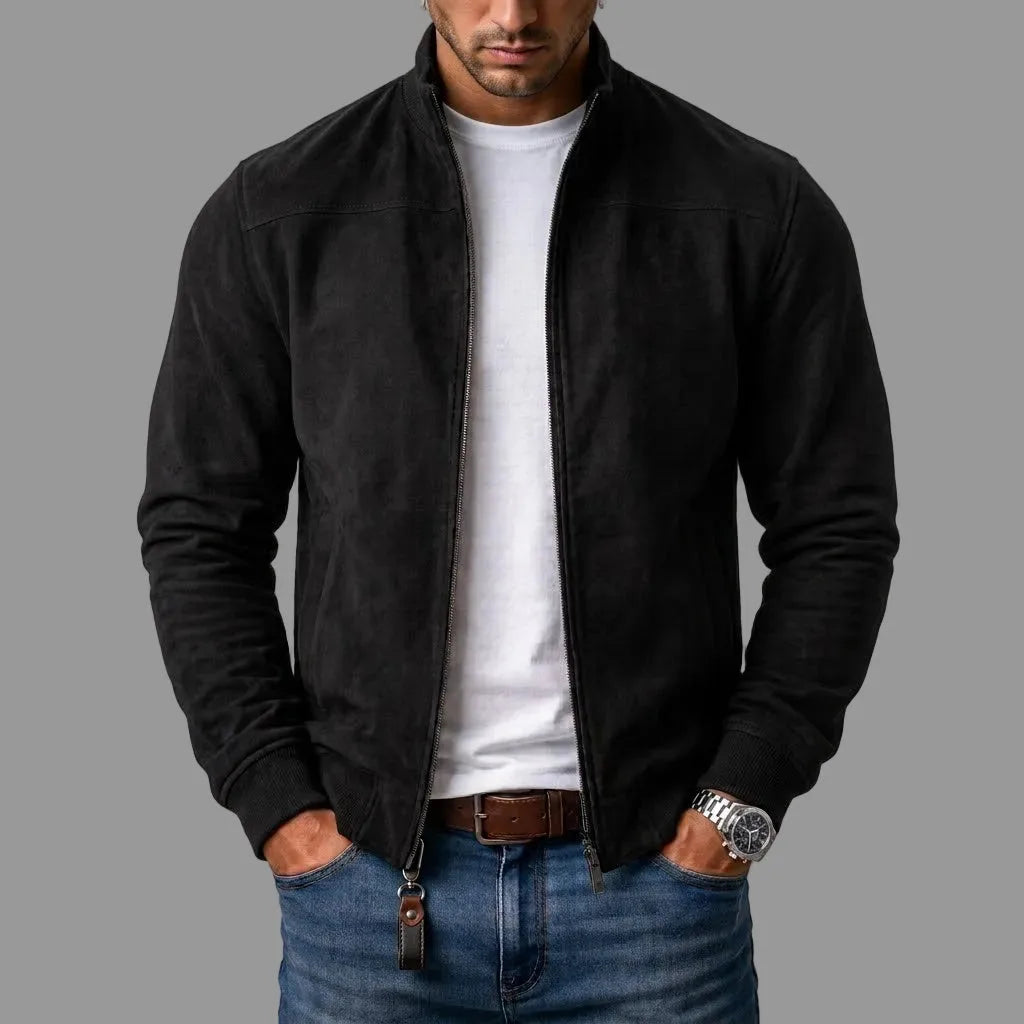 Black suede bomber jacket shown open, highlighting the sleek stand collar and zip closure