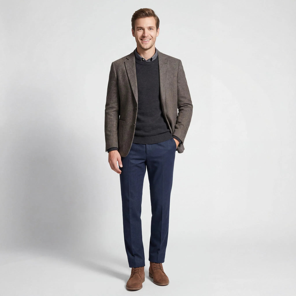 Man in brown blazer and navy trousers styled with tan suede lace-up boots, full-length outfit shot