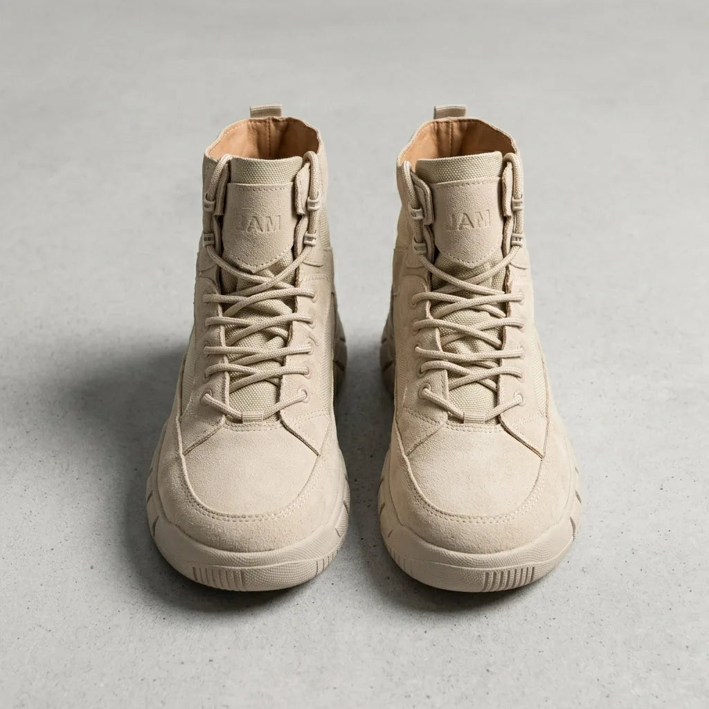 Front view of a pair of beige suede combat boots with fabric lace panel and canvas pull tab