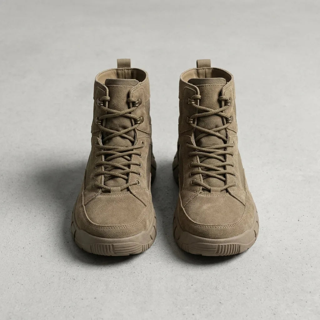 Front view of khaki brown suede combat boots showing rugged chunky outsole and lace-up front