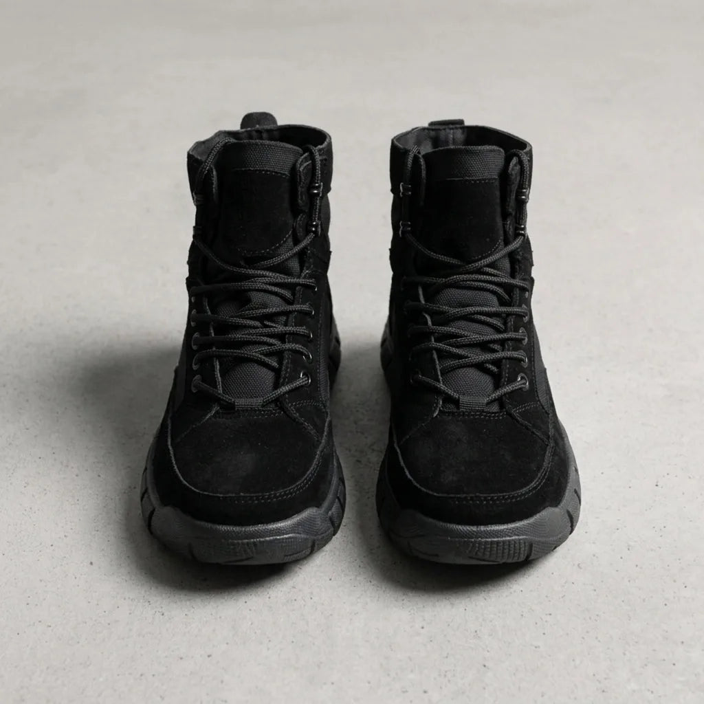 Front view of all-black suede combat boots with matching laces and canvas tongue panel