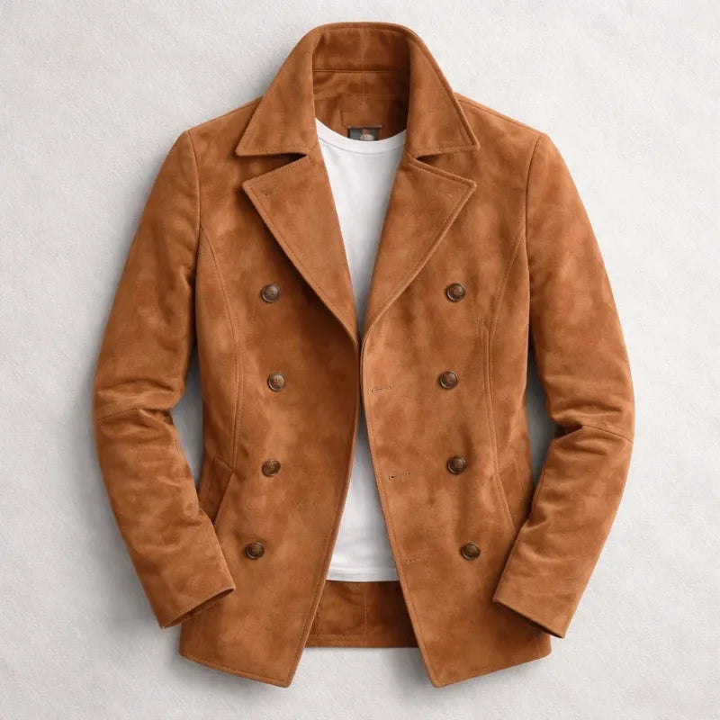 Tan suede double-breasted jacket with notch lapel and horn-style buttons, worn open over a white t-shirt