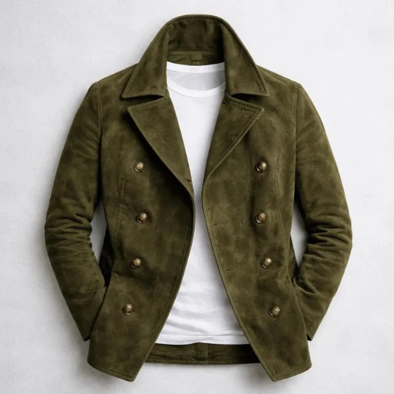 Olive green suede double-breasted jacket shown buttoned open, featuring a notch lapel and welt pockets