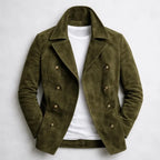 Olive green suede double-breasted jacket shown buttoned open, featuring a notch lapel and welt pockets