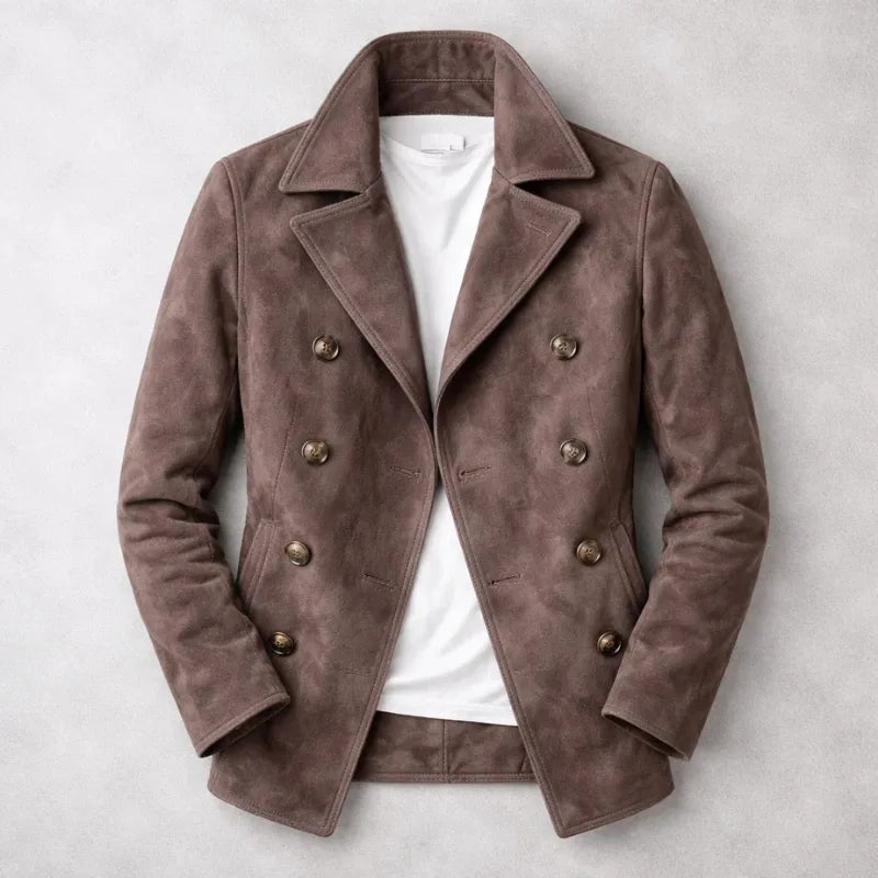 Dark brown suede double-breasted jacket laid flat, showing double rows of buttons and tailored waist seams