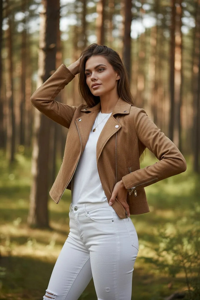 Woman wearing an open tan suede-effect biker jacket, hand in hair, showing the collar and front zip detail.