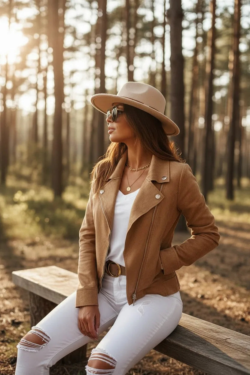 Side view of the tan biker jacket paired with a hat, sunglasses and layered necklaces, seated on a wooden bench.