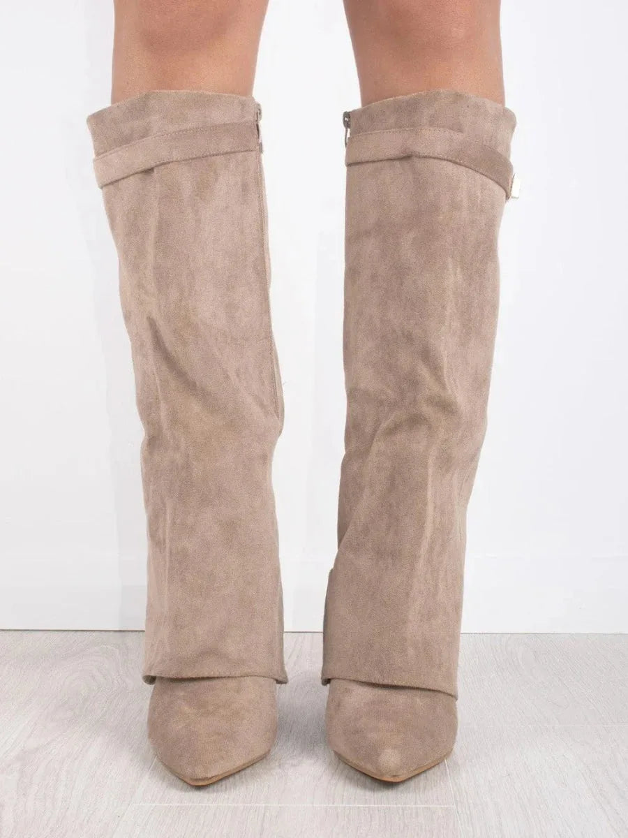 Side view of taupe beige suede fold-over boots with pointed toe and stacked block heel