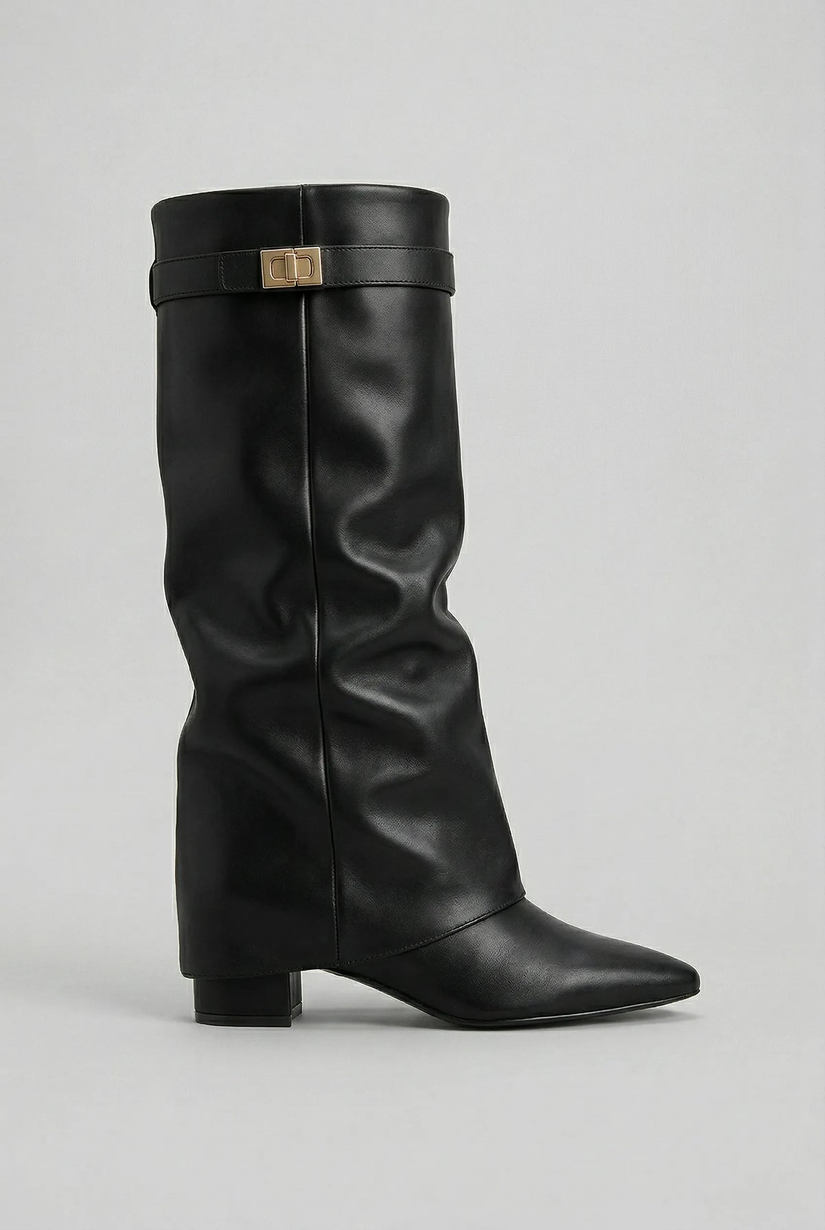 Side profile of a black leather-look knee-high boot with pointed toe and stacked block heel