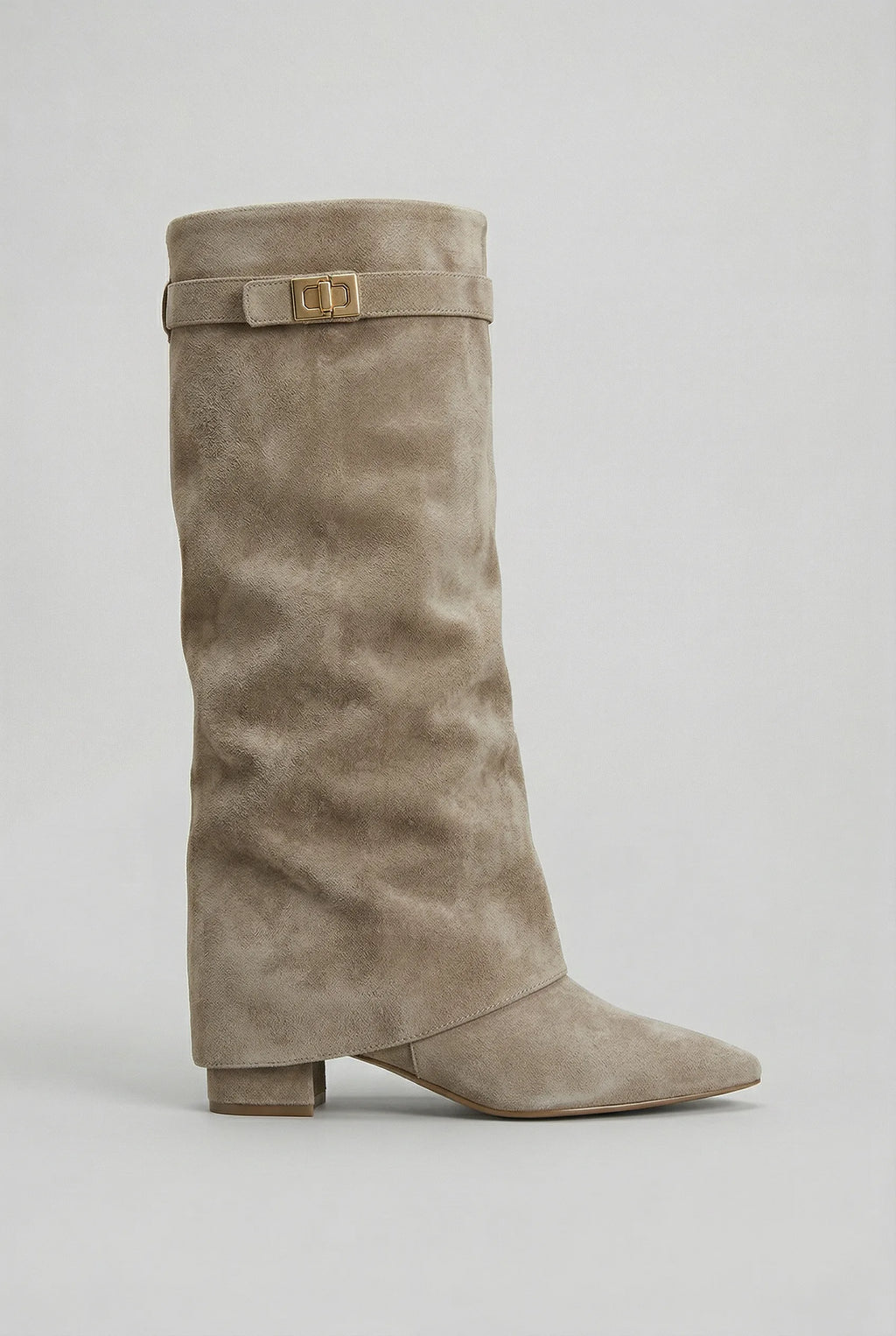 Side view of a taupe suede-effect knee-high boot with folded cuff and gold buckle hardware