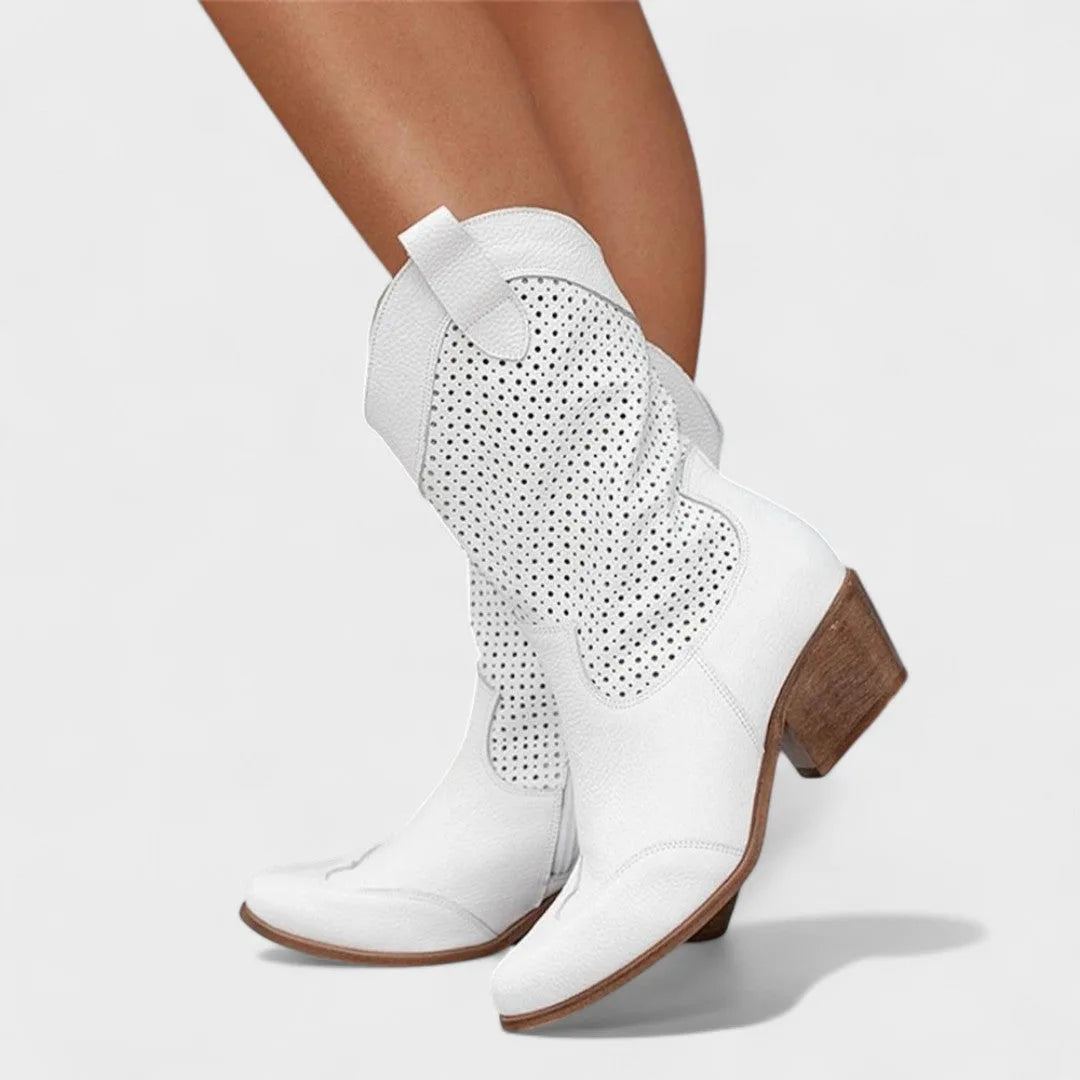 Pair of black suede mid-calf boots with perforated detailing, pull tab and stacked heel on model